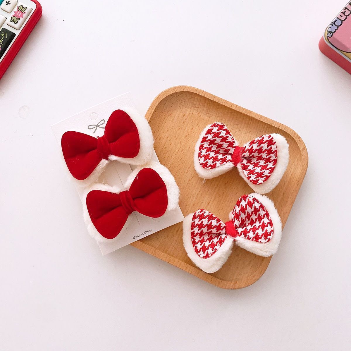 Girls Red Bow Hair Clip Set – Set of 2 Plush Trim Fabric Bow Clips with Solid & Houndstooth Pattern | Cute Kids Hair Accessories for Parties, School, Festive & Everyday Styling