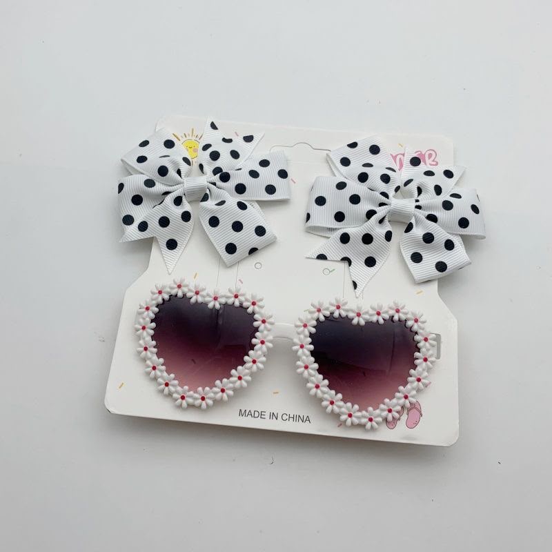 Girls Heart-Shaped Sunglasses & Polka Dot Bow Hair Clip Set – Cute Fashion Accessories