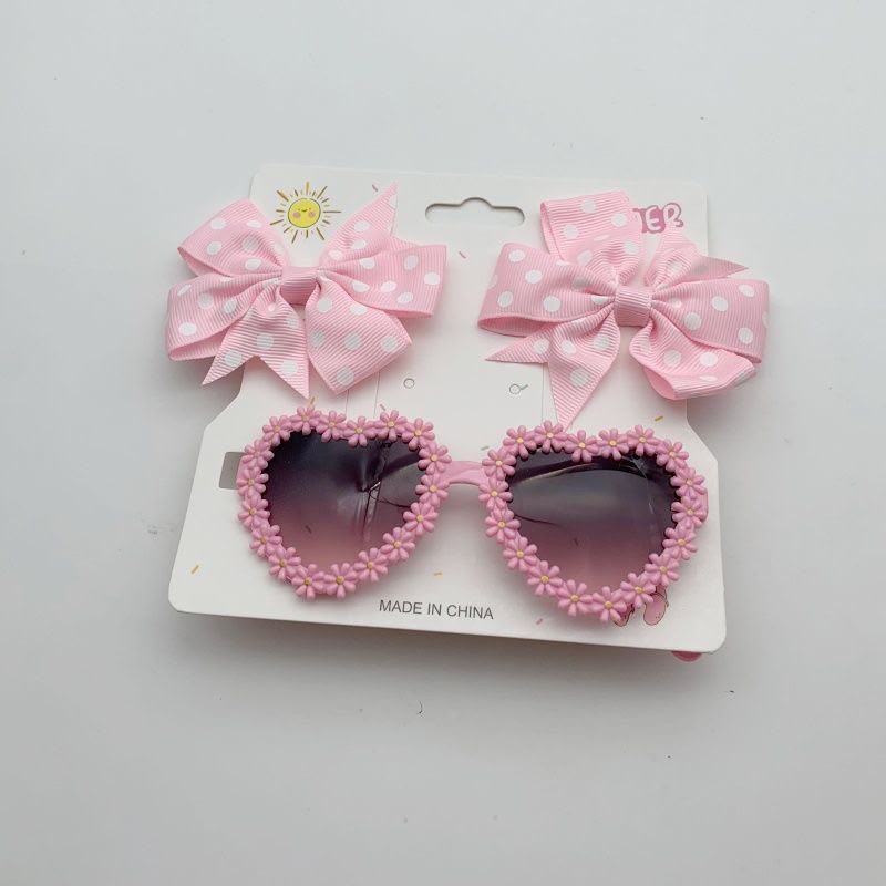Girls Heart-Shaped Sunglasses & Polka Dot Bow Hair Clip Set – Cute Fashion Accessories