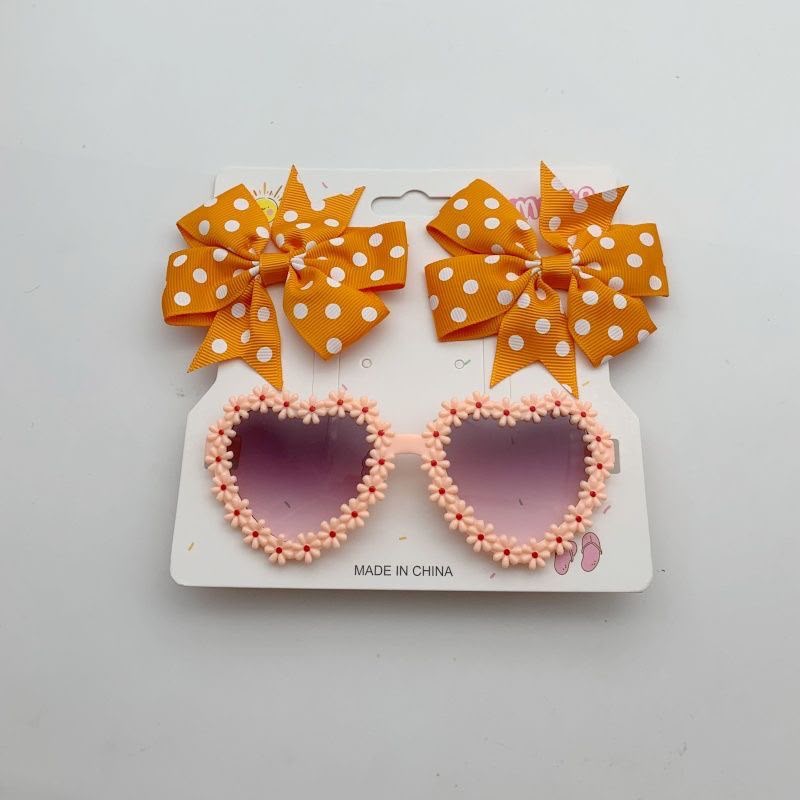 Girls Heart-Shaped Sunglasses & Polka Dot Bow Hair Clip Set – Cute Fashion Accessories