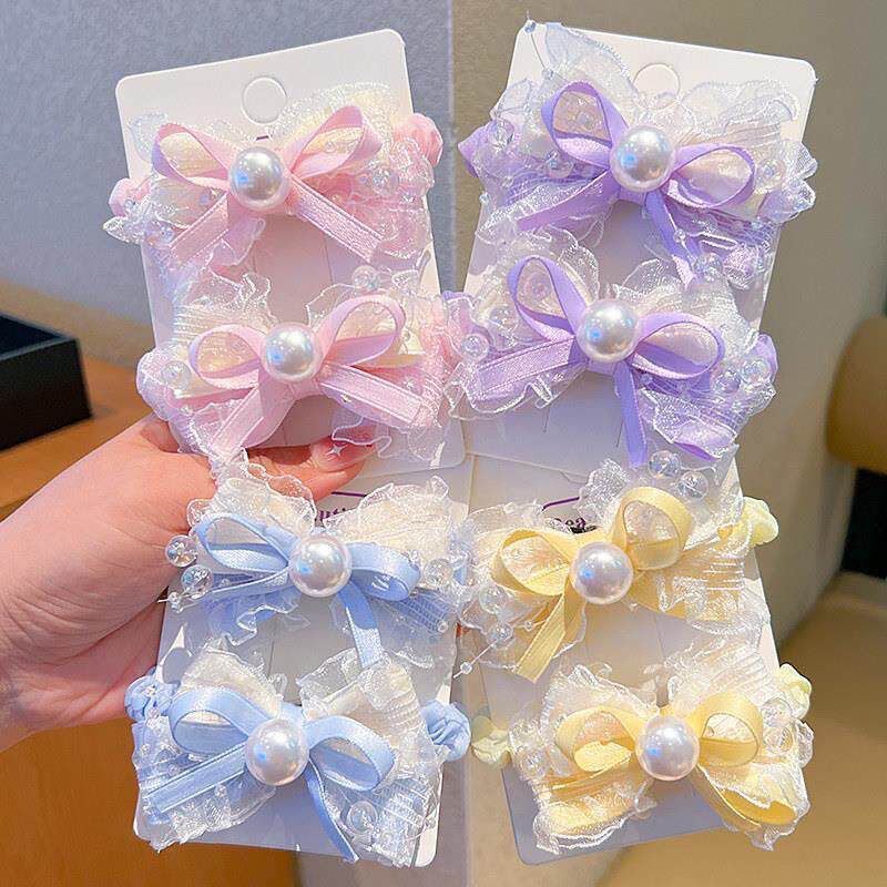 Girls Pearl Bow Hair Clips Set – Pastel Lace Ribbon Hair Accessories with Pearl & Beaded Detailing | Cute Party, Birthday & Everyday Hair Clips for Kids