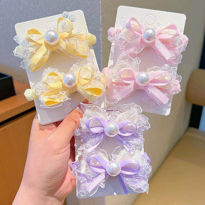 Girls Pearl Bow Hair Clips Set – Pastel Lace Ribbon Hair Accessories with Pearl & Beaded Detailing | Cute Party, Birthday & Everyday Hair Clips for Kids