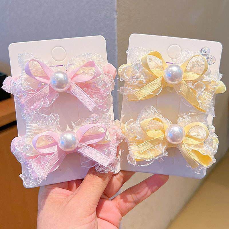 Girls Pearl Bow Hair Clips Set – Pastel Lace Ribbon Hair Accessories with Pearl & Beaded Detailing | Cute Party, Birthday & Everyday Hair Clips for Kids