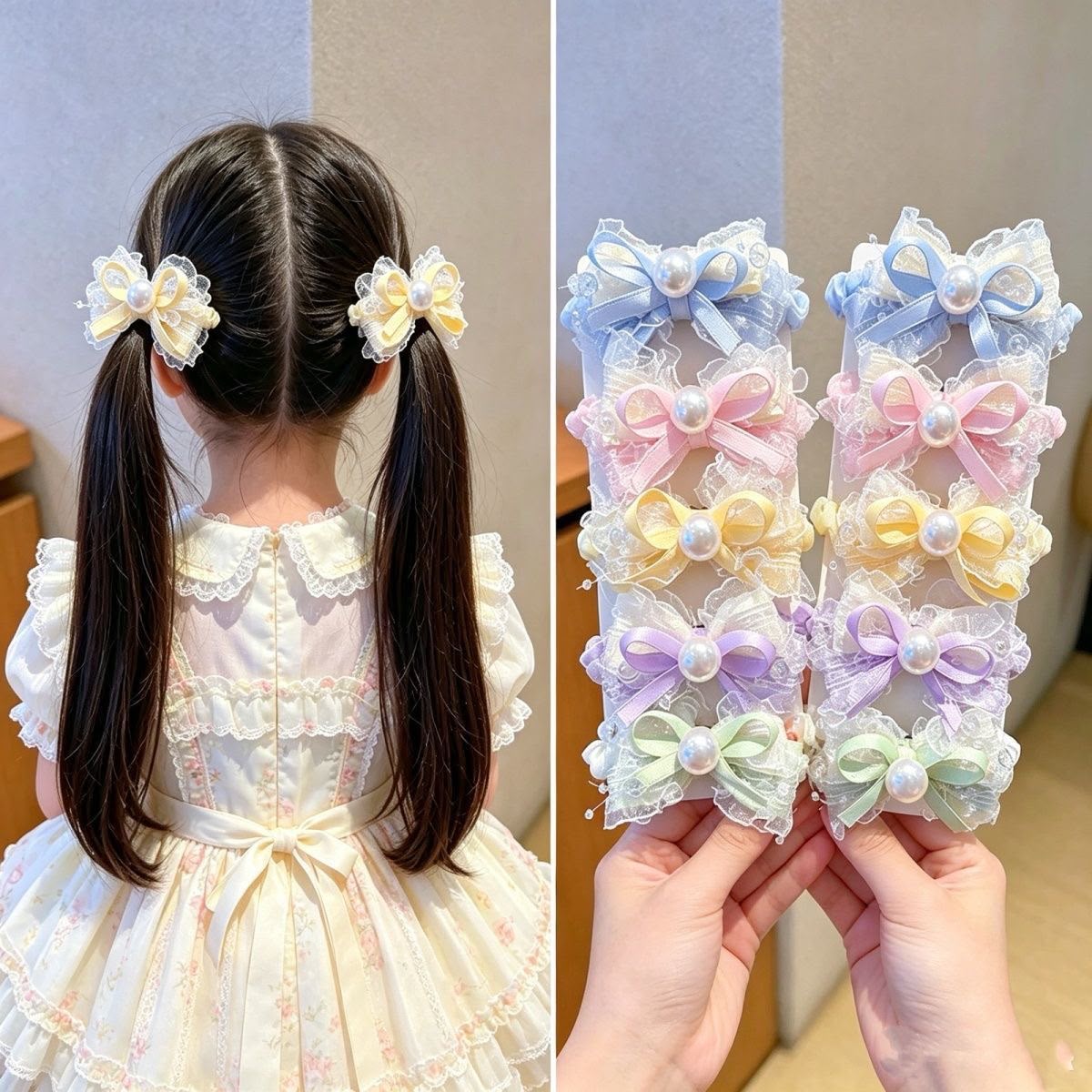 Girls Pearl Bow Hair Clips Set – Pastel Lace Ribbon Hair Accessories with Pearl & Beaded Detailing | Cute Party, Birthday & Everyday Hair Clips for Kids