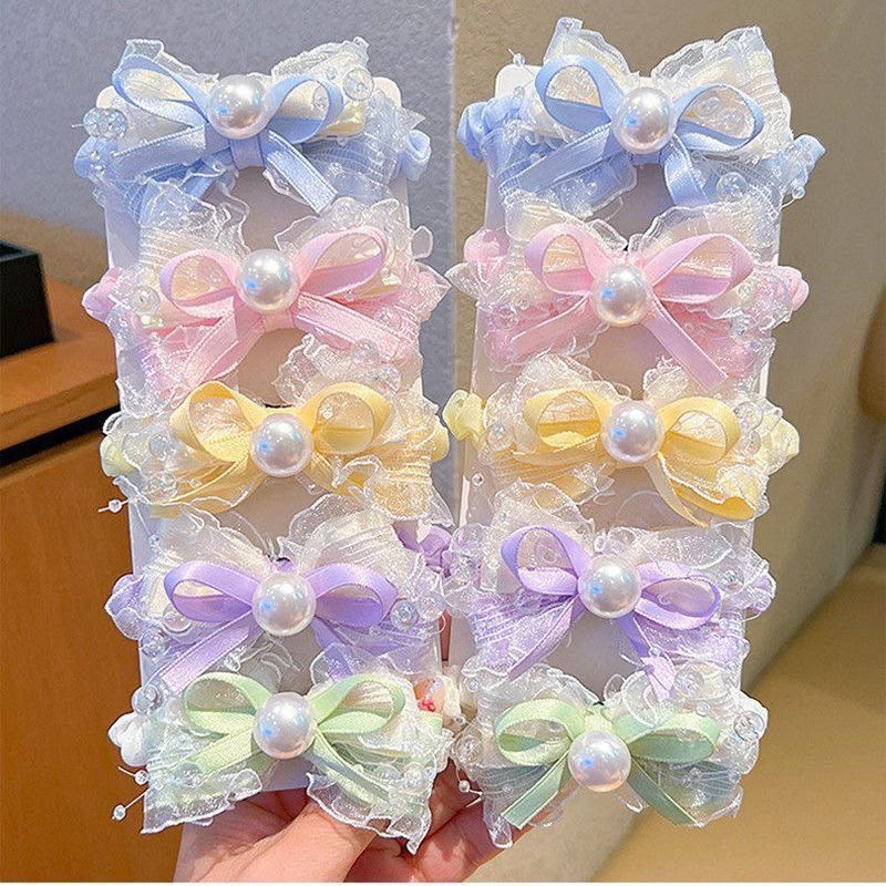 Girls Pearl Bow Hair Clips Set – Pastel Lace Ribbon Hair Accessories with Pearl & Beaded Detailing | Cute Party, Birthday & Everyday Hair Clips for Kids
