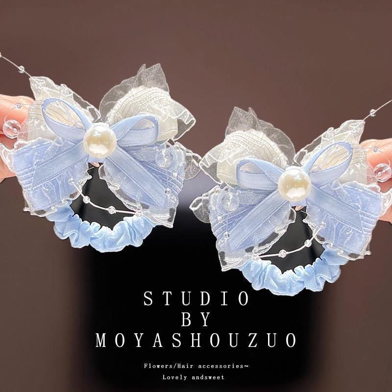 Girls Pearl Bow Hair Clips Set – Pastel Lace Ribbon Hair Accessories with Pearl & Beaded Detailing | Cute Party, Birthday & Everyday Hair Clips for Kids