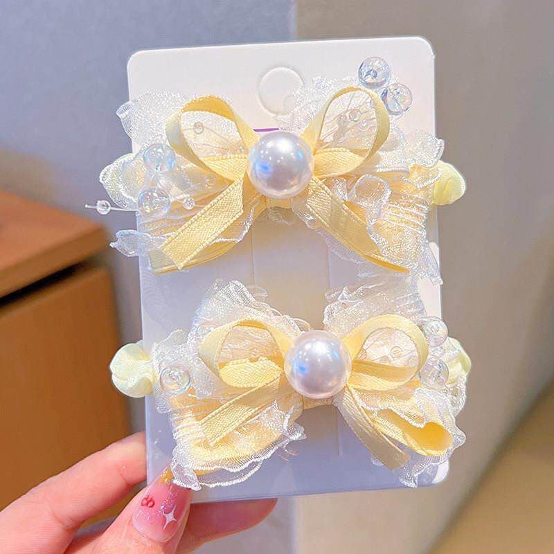 Girls Pearl Bow Hair Clips Set – Pastel Lace Ribbon Hair Accessories with Pearl & Beaded Detailing | Cute Party, Birthday & Everyday Hair Clips for Kids