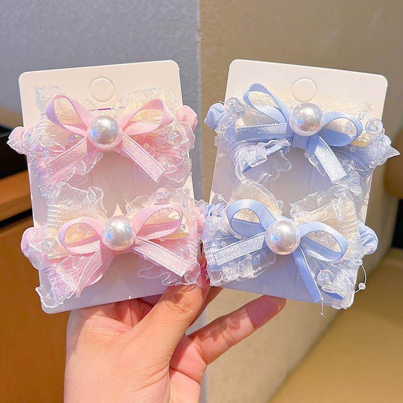Girls Pearl Bow Hair Clips Set – Pastel Lace Ribbon Hair Accessories with Pearl & Beaded Detailing | Cute Party, Birthday & Everyday Hair Clips for Kids