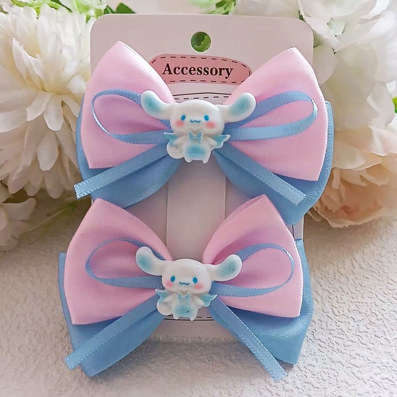 Girls Cartoon Charm Satin Bow Hair Clips – Set of 2 Cute Double Layer Ribbon Bows with Character Centre | Kids Hair Accessories for Ponytails, Pigtails, Parties & Everyday Styling