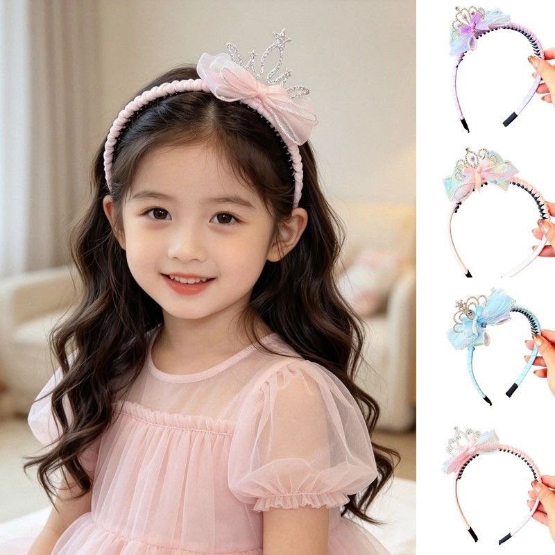 Girls Princess Tiara Bow Headband – Rhinestone Crown Hair Band with Iridescent Organza Bow & Soft Ribbon Wrap | Cute Party, Birthday, Photoshoot & Dress-Up Hair Accessory for Kids