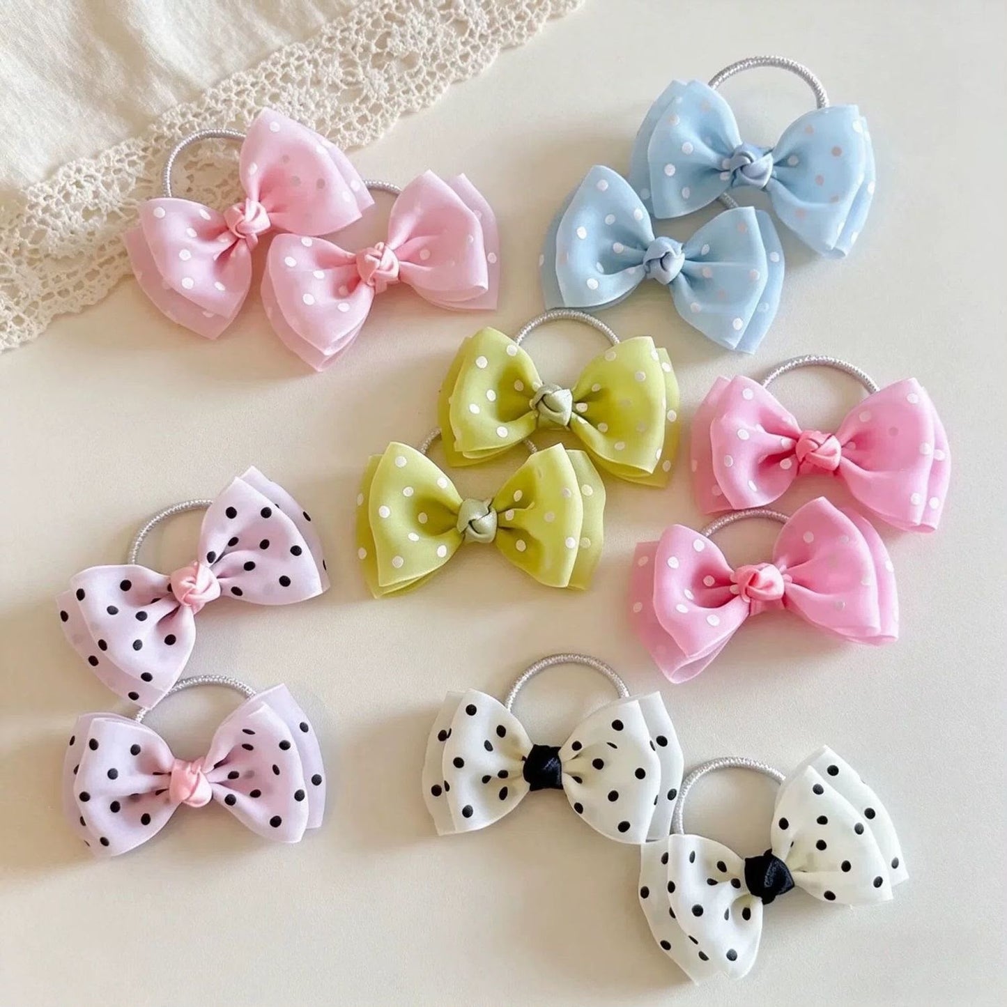 Girls Polka Dot Bow Hair Ties – Double Layer Fabric Bow Ponytail Holders with Soft Elastic Band | Cute Kids Hair Accessories for Ponytails, Pigtails, School, Parties & Everyday Styling